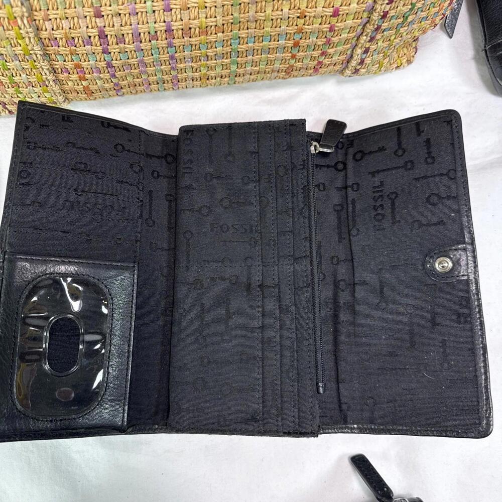 Fossil Hand Bag Lot 2 Bags And 3 Wallets Black Brown Leather Woven READ As Is - Picture 13 of 14